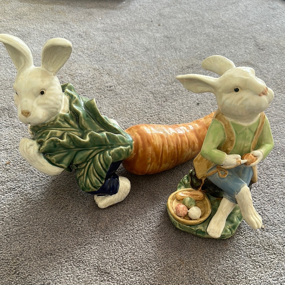 Charming Ceramic Rabbit Figurines - Green and Brown
